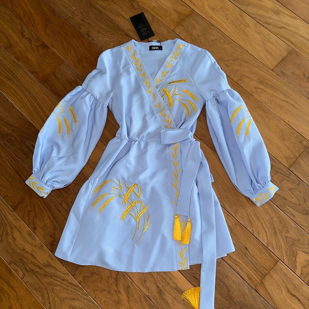ODIS Light Blue Dress with Gold Embroidery